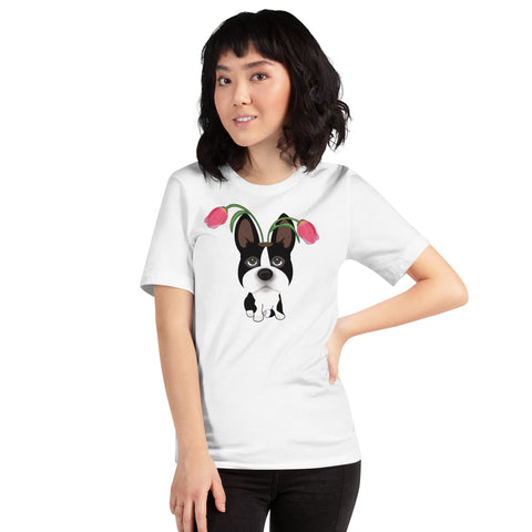 Boston Bull Terrier Tulips Unisex t-shirt