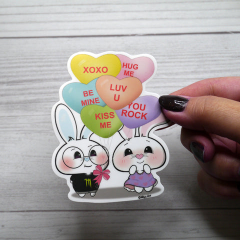 Ben-E & Bon-E Bunny with Conversation Heart Balloons Vinyl Sticker