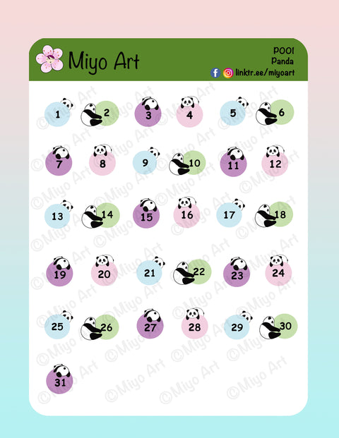 Panda Month Numbers for your planner, journal, school or work calendar.