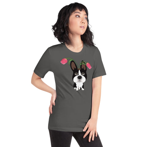 Boston Bull Terrier Tulips Unisex t-shirt