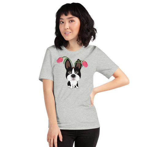Boston Bull Terrier Tulips Unisex t-shirt