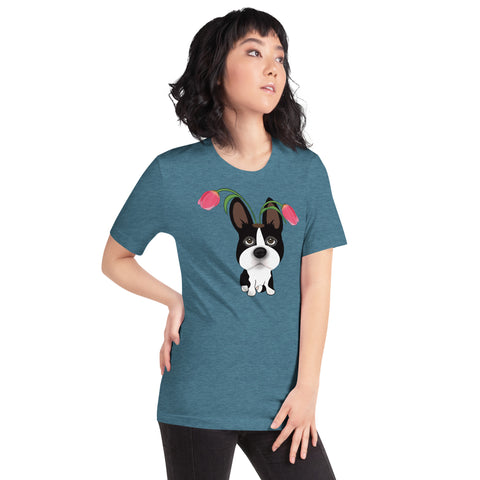 Boston Bull Terrier Tulips Unisex t-shirt