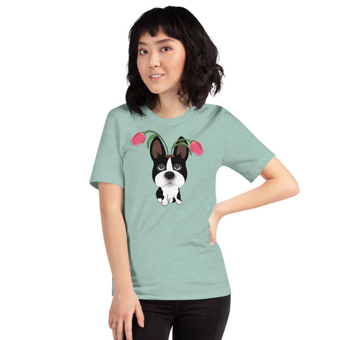 Boston Bull Terrier Tulips Unisex t-shirt