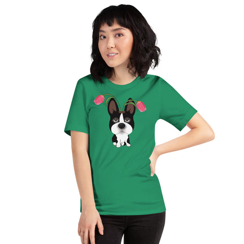 Boston Bull Terrier Tulips Unisex t-shirt