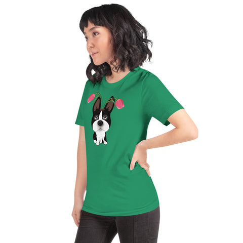 Boston Bull Terrier Tulips Unisex t-shirt