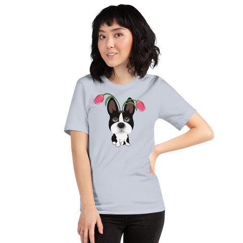 Boston Bull Terrier Tulips Unisex t-shirt