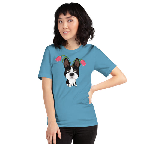 Boston Bull Terrier Tulips Unisex t-shirt
