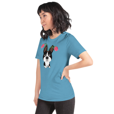 Boston Bull Terrier Tulips Unisex t-shirt
