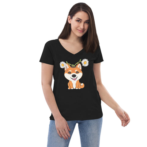 Shiba Inu Daisies Women’s recycled v-neck t-shirt