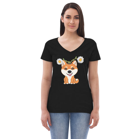 Shiba Inu Daisies Women’s recycled v-neck t-shirt