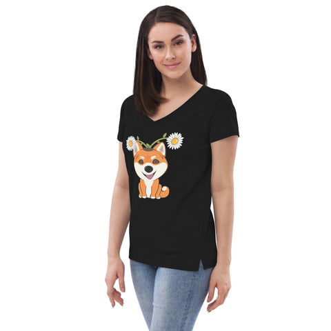 Shiba Inu Daisies Women’s recycled v-neck t-shirt