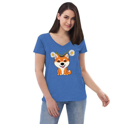 Shiba Inu Daisies Women’s recycled v-neck t-shirt