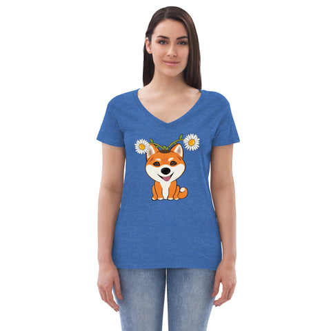 Shiba Inu Daisies Women’s recycled v-neck t-shirt