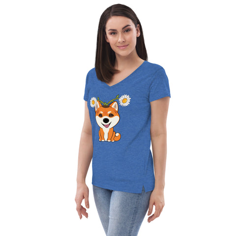 Shiba Inu Daisies Women’s recycled v-neck t-shirt