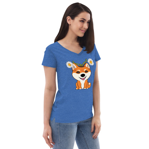 Shiba Inu Daisies Women’s recycled v-neck t-shirt