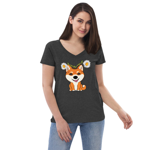 Shiba Inu Daisies Women’s recycled v-neck t-shirt