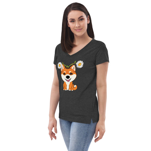 Shiba Inu Daisies Women’s recycled v-neck t-shirt