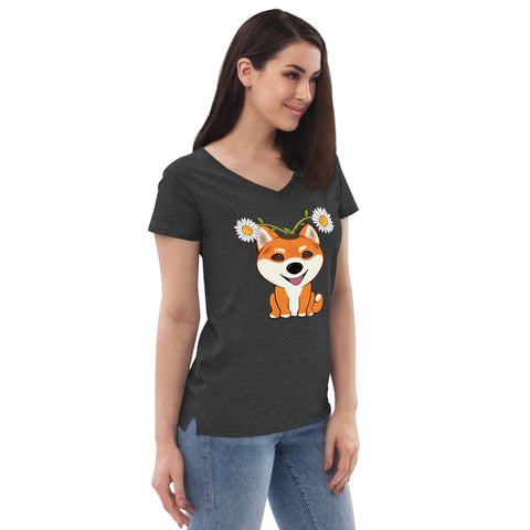 Shiba Inu Daisies Women’s recycled v-neck t-shirt