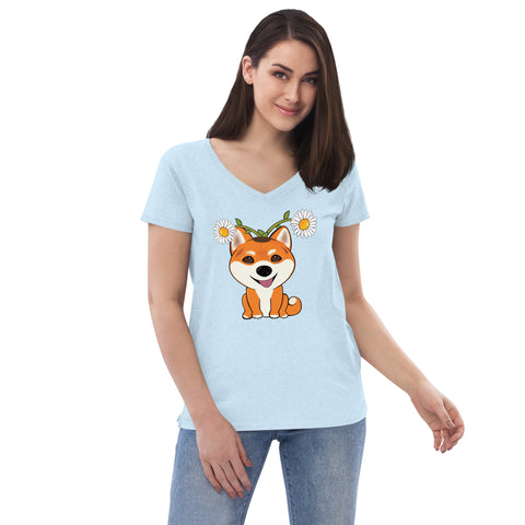 Shiba Inu Daisies Women’s recycled v-neck t-shirt