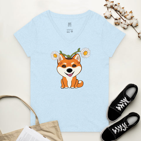 Shiba Inu Daisies Women’s recycled v-neck t-shirt