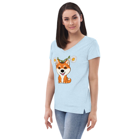 Shiba Inu Daisies Women’s recycled v-neck t-shirt