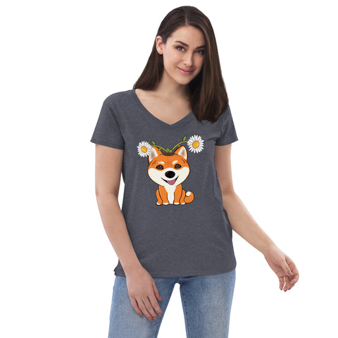 Shiba Inu Daisies Women’s recycled v-neck t-shirt