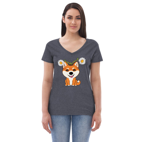 Shiba Inu Daisies Women’s recycled v-neck t-shirt