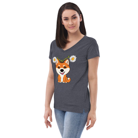 Shiba Inu Daisies Women’s recycled v-neck t-shirt