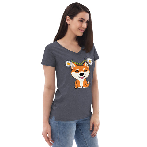 Shiba Inu Daisies Women’s recycled v-neck t-shirt