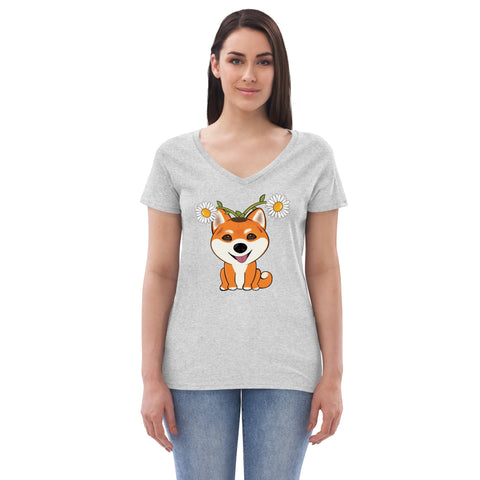 Shiba Inu Daisies Women’s recycled v-neck t-shirt