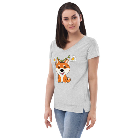 Shiba Inu Daisies Women’s recycled v-neck t-shirt