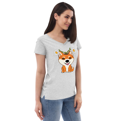 Shiba Inu Daisies Women’s recycled v-neck t-shirt