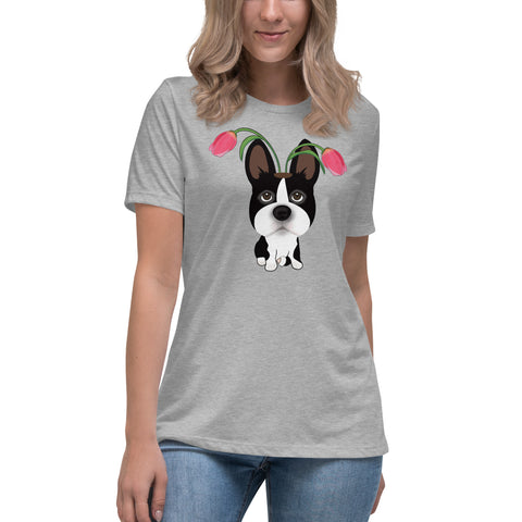 Boston Terrier Tulips Women's Relaxed T-Shirt