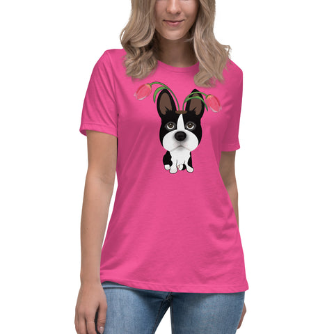 Boston Terrier Tulips Women's Relaxed T-Shirt