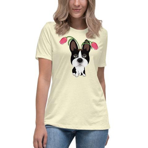 Boston Terrier Tulips Women's Relaxed T-Shirt