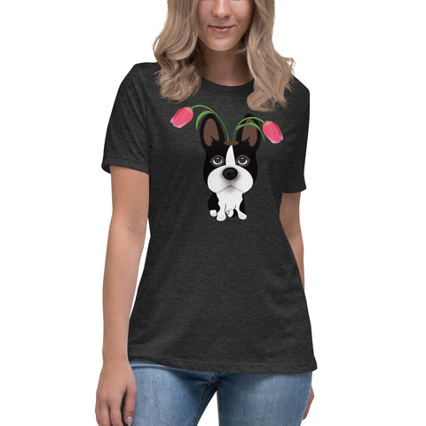 Boston Terrier Tulips Women's Relaxed T-Shirt