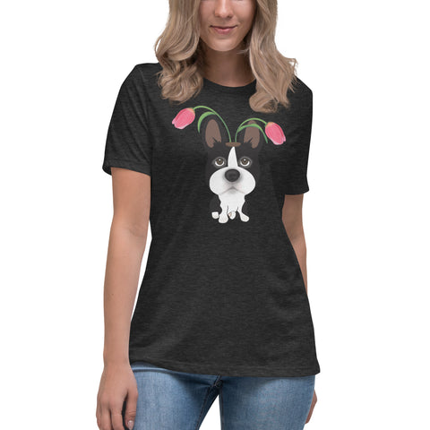 Boston Terrier Tulips Women's Relaxed T-Shirt