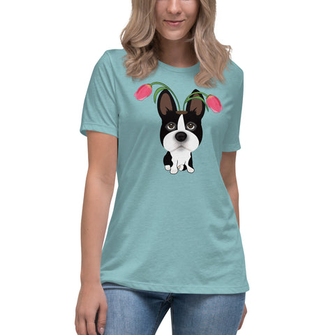 Boston Terrier Tulips Women's Relaxed T-Shirt