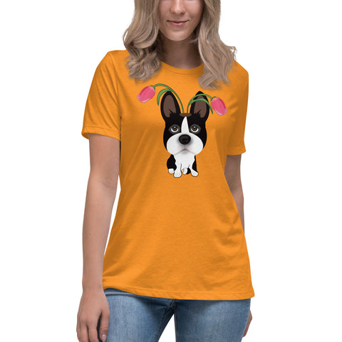 Boston Terrier Tulips Women's Relaxed T-Shirt