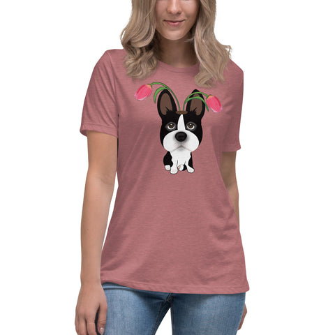 Boston Terrier Tulips Women's Relaxed T-Shirt