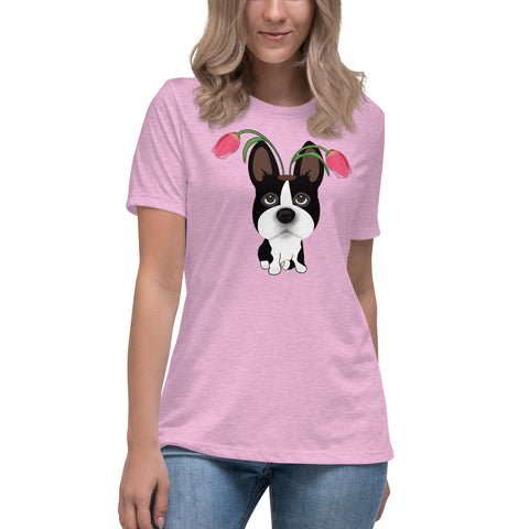 Boston Terrier Tulips Women's Relaxed T-Shirt