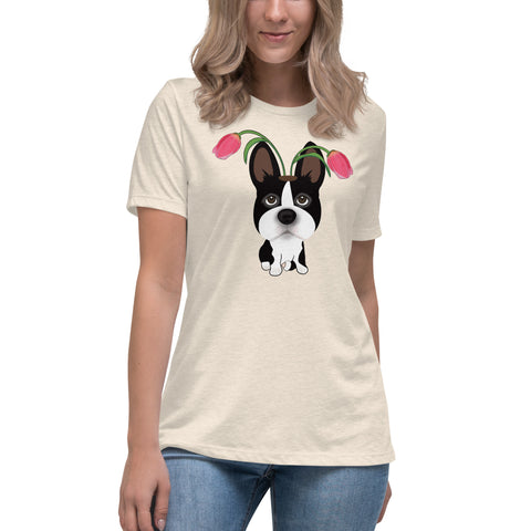Boston Terrier Tulips Women's Relaxed T-Shirt