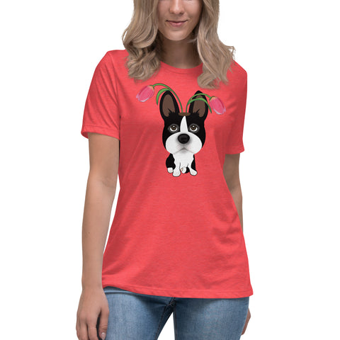 Boston Terrier Tulips Women's Relaxed T-Shirt