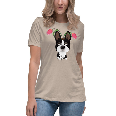 Boston Terrier Tulips Women's Relaxed T-Shirt
