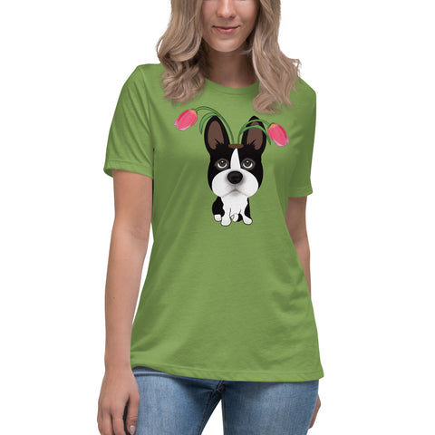 Boston Terrier Tulips Women's Relaxed T-Shirt
