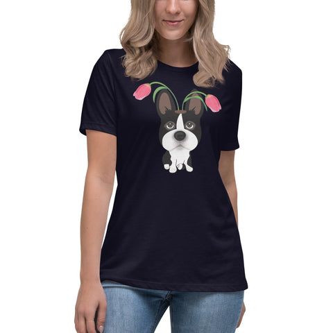 Boston Terrier Tulips Women's Relaxed T-Shirt