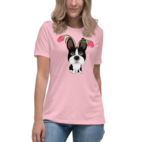 Boston Terrier Tulips Women's Relaxed T-Shirt