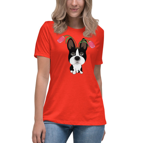 Boston Terrier Tulips Women's Relaxed T-Shirt