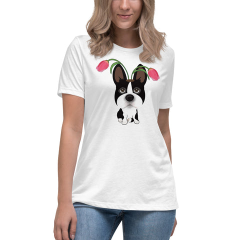 Boston Terrier Tulips Women's Relaxed T-Shirt